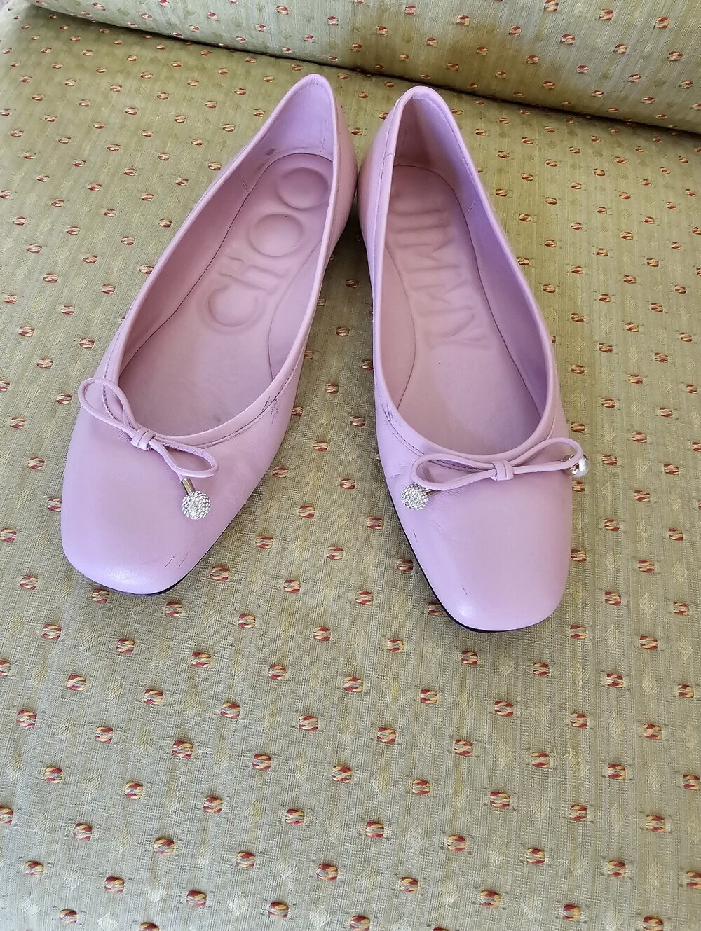 Jimmy Choo pink Leather Ballet Flats with Bow and Crystal Charm